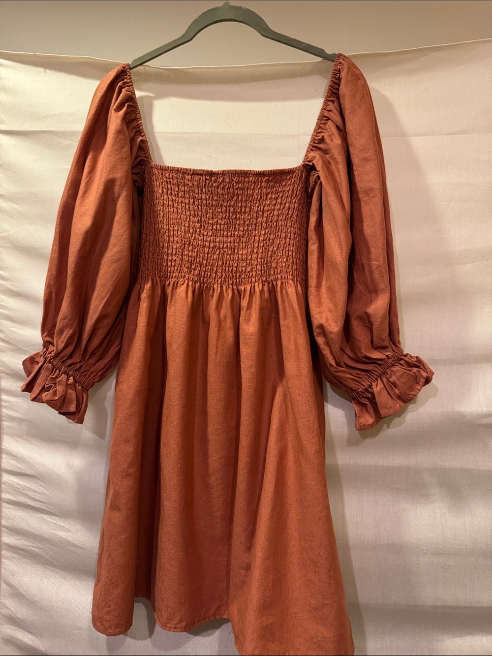 Kourt Portia Smocked Square Neck Mini Dress in Rust